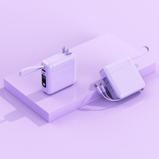 "Portable wall plug power bank with detachable AC plug, built-in cable and fast charging"