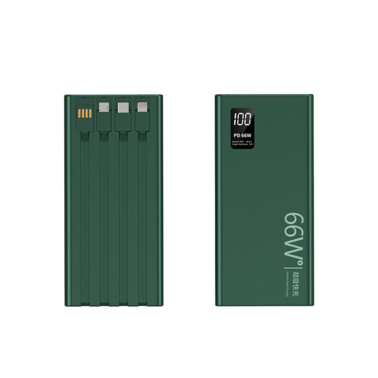 "Slim 20000mAh power bank with built-in fast charging cable and custom logo"