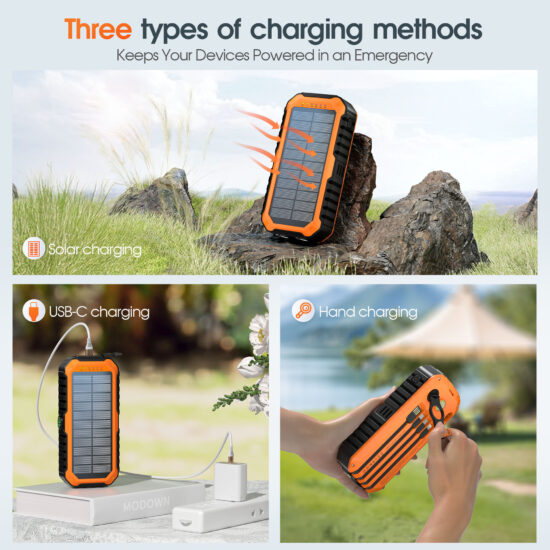 Hand Crank Solar Power Bank with Built-in Charging Cables for Emergency Use