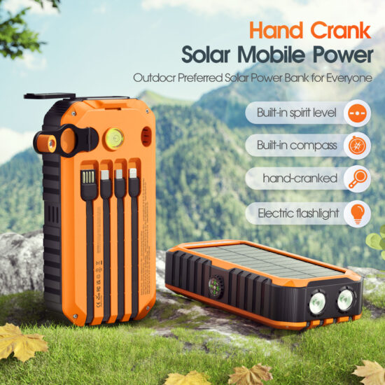 Hand Crank Solar Power Bank with Built-in Charging Cables for Emergency Use