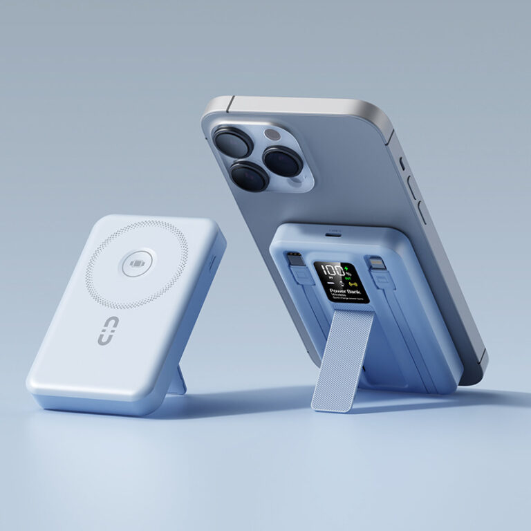 "Magnetic 10000mAh power bank with built-in cable, stand, and fast charging for gifting"