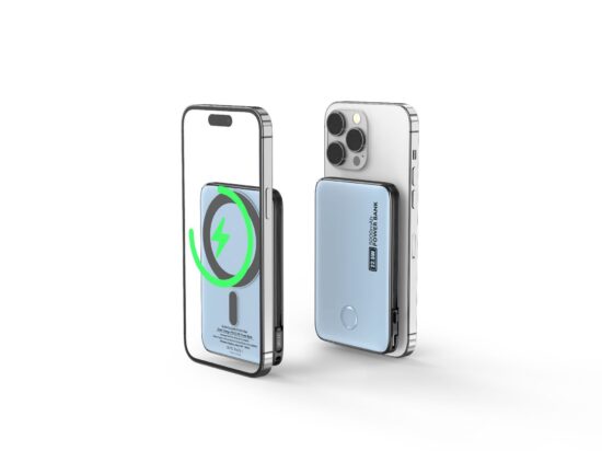 "Magnetic wireless charging power bank 10000mAh with built-in USB-C cable"