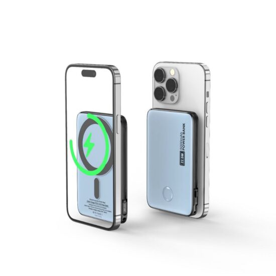 "Magnetic wireless charging power bank 10000mAh with built-in USB-C cable"