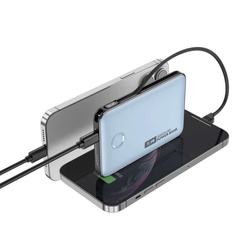 "Magnetic wireless charging power bank 10000mAh with built-in USB-C cable"