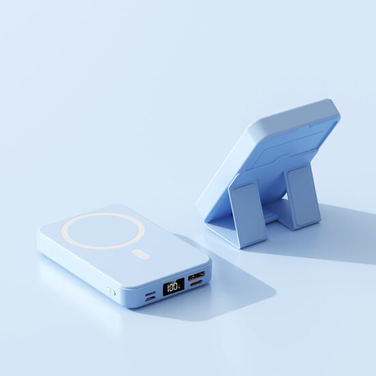 "Magnetic 10000mAh wireless power bank with back clip and foldable stand"