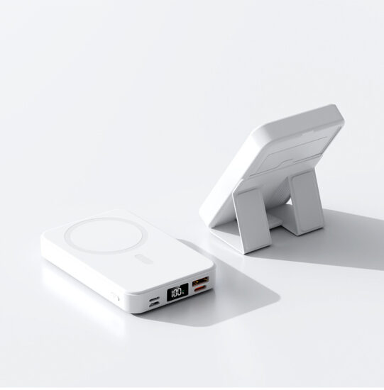 "Magnetic 10000mAh wireless power bank with back clip and foldable stand"