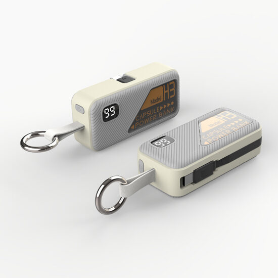 "Mini 5000mAh capsule power bank with built-in charging cable and custom logo"