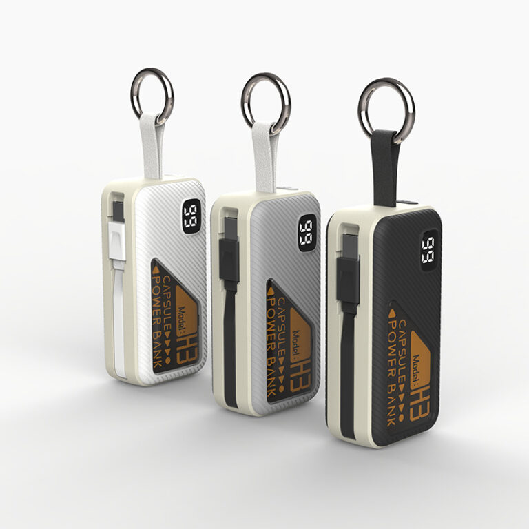 "Mini 5000mAh capsule power bank with built-in charging cable and custom logo"