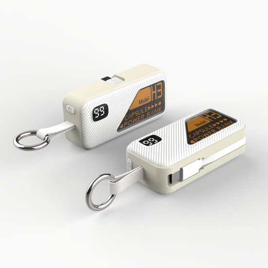 "Mini 5000mAh capsule power bank with built-in charging cable and custom logo"
