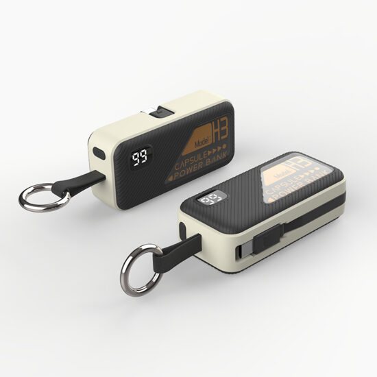"Mini 5000mAh capsule power bank with built-in charging cable and custom logo"
