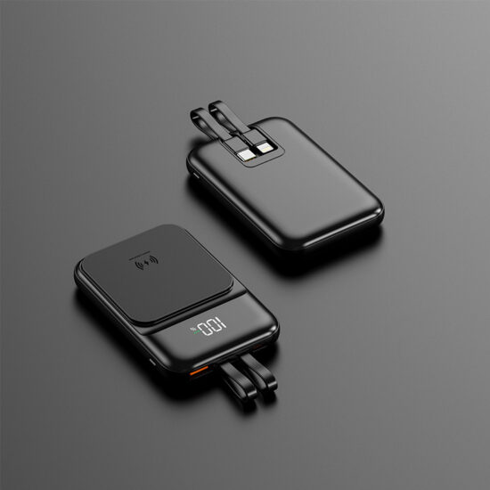 Mini magnetic wireless power bank with built-in charging cable and large capacityImage shows a mini, magnetic wireless power bank featuring built-in cable, high capacity battery, lightweight design, ideal for cross-border wholesale and OEM branding.