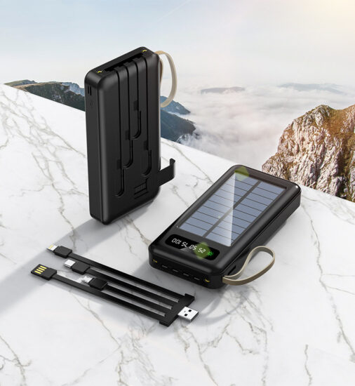 20000mAh Solar Power Bank with Built-in Cables for Outdoor Use
