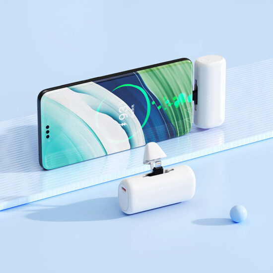 "Compact dual-port 22.5W capsule power bank with built-in charging cable and custom logo"