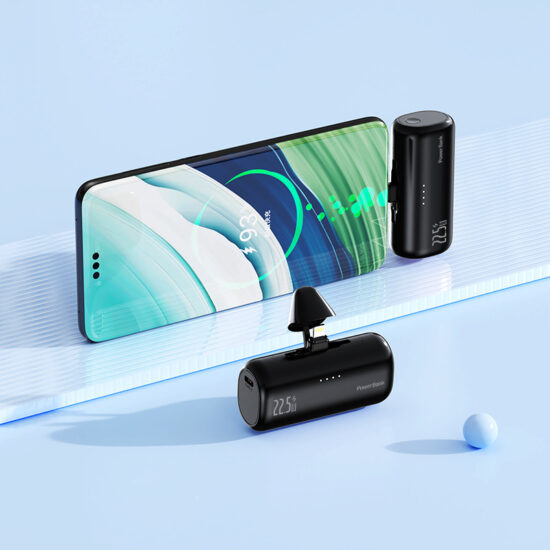 "Compact dual-port 22.5W capsule power bank with built-in charging cable and custom logo"