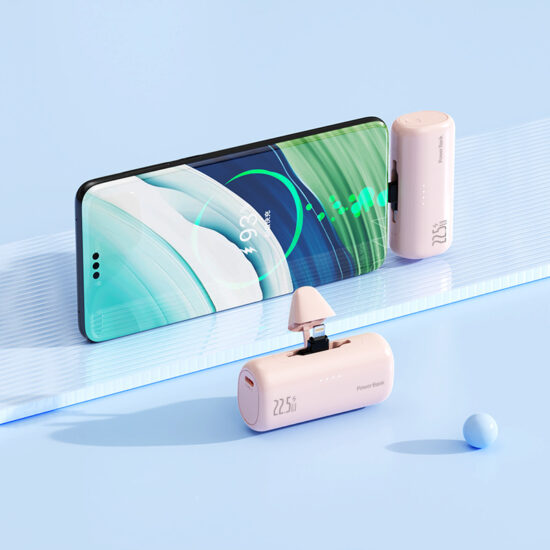 "Compact dual-port 22.5W capsule power bank with built-in charging cable and custom logo"