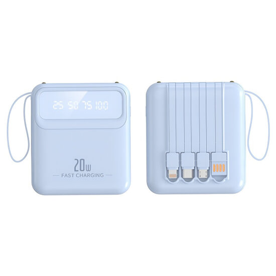 Portable 20000mAh power bank with built-in cable, mirror display and lanyard
