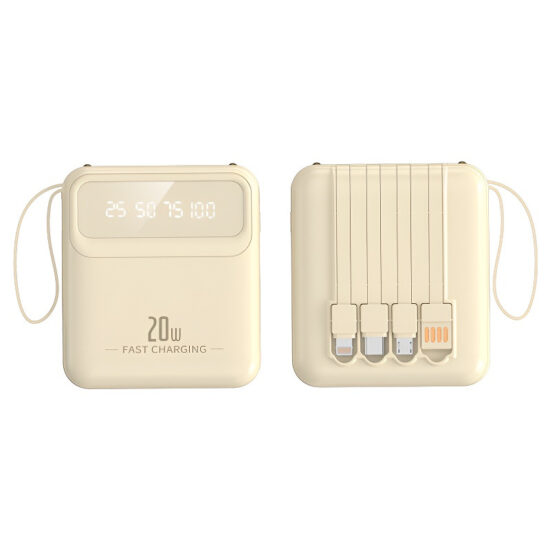 Portable 20000mAh power bank with built-in cable, mirror display and lanyard