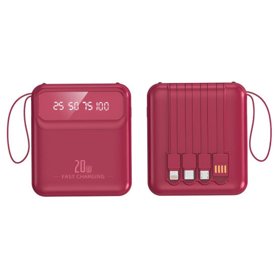 Portable 20000mAh power bank with built-in cable, mirror display and lanyard
