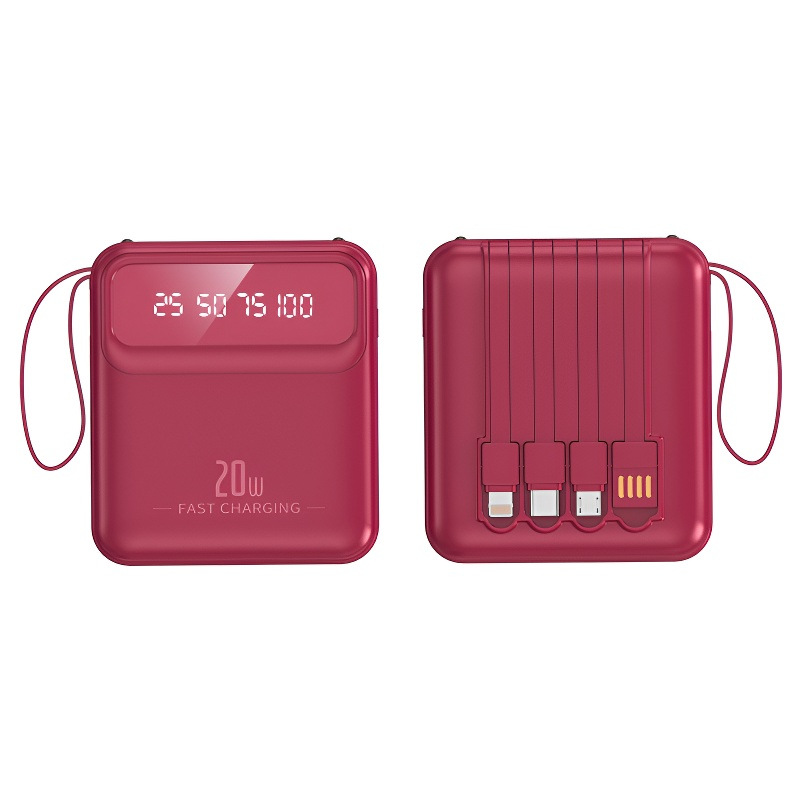 Portable 20000mAh power bank with built-in cable, mirror display and lanyard