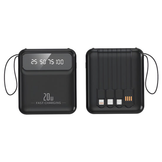 Portable 20000mAh power bank with built-in cable, mirror display and lanyard