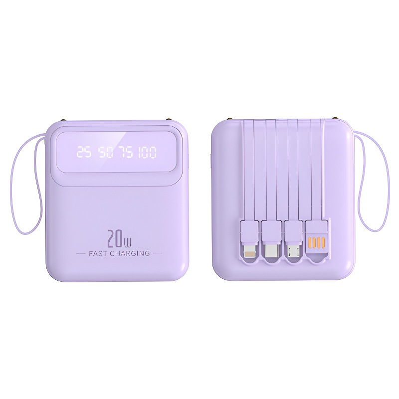 Portable 20000mAh power bank with built-in cable, mirror display and lanyard