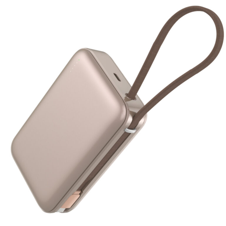 "Slim 20000mAh fast charging power bank with built-in USB-C and Lightning cables"
