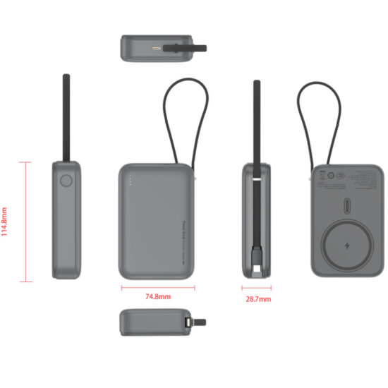 "Slim 20000mAh fast charging power bank with built-in USB-C and Lightning cables"