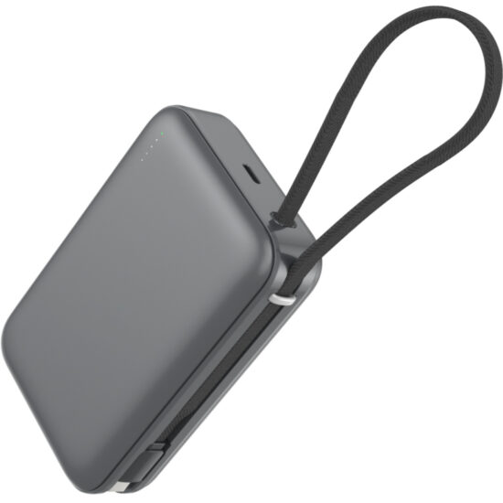 "Slim 20000mAh fast charging power bank with built-in USB-C and Lightning cables"