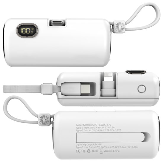 Portable 5000mAh capsule power bank with dual cable and LED light