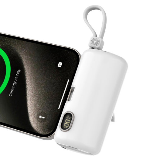 Portable 5000mAh capsule power bank with dual cable and LED light