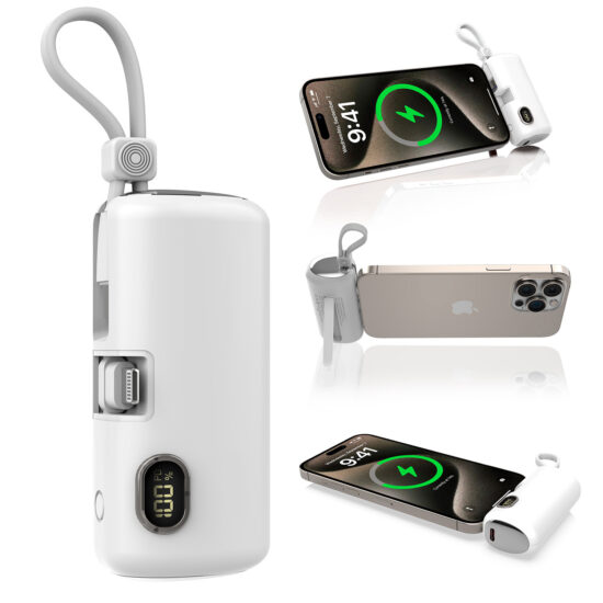 Portable 5000mAh capsule power bank with dual cable and LED light