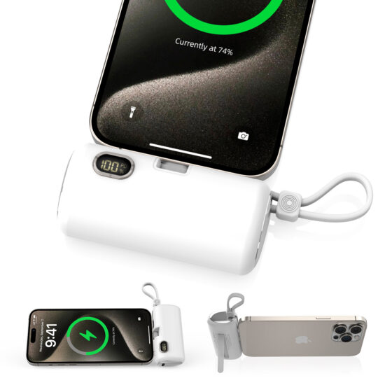 Portable 5000mAh capsule power bank with dual cable and LED light