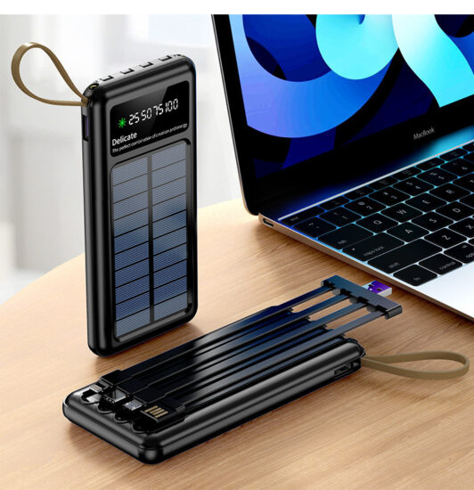 Slim 20000mAh Solar Power Bank with 4 Built-in Charging Cables
