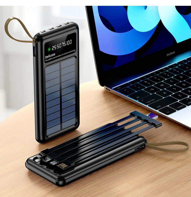 Slim 20000mAh Solar Power Bank with 4 Built-in Charging Cables