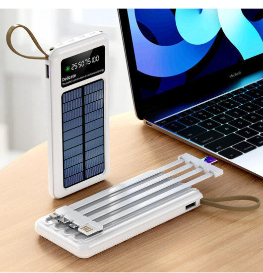  Slim 20000mAh Solar Power Bank with 4 Built-in Charging Cables