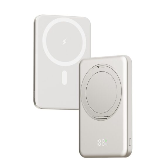 "Slim magnetic wireless 5000mAh power bank with stand and digital display"