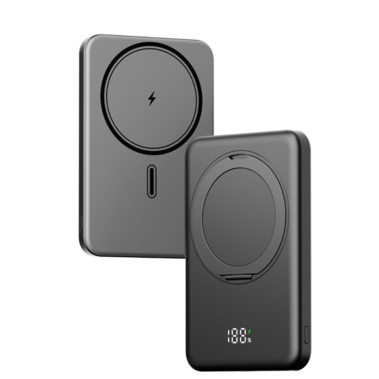 "Slim magnetic wireless 5000mAh power bank with stand and digital display"