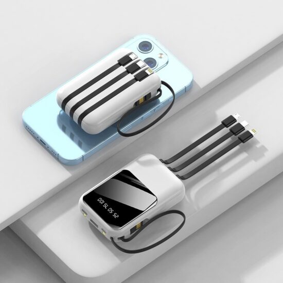 20000mAh Compact Power Bank with Built-in Charging Cables and Custom Logo