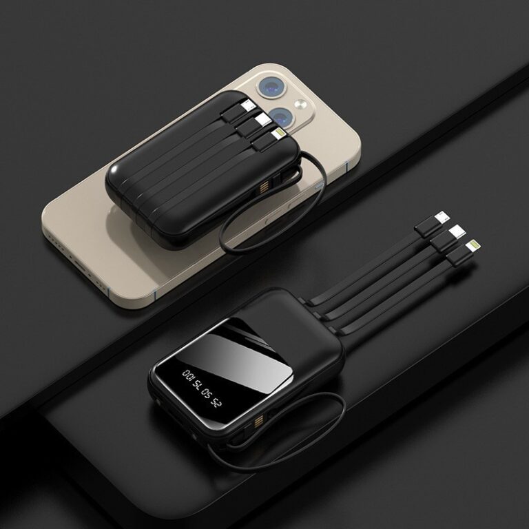 20000mAh Compact Power Bank with Built-in Charging Cables and Custom Logo
